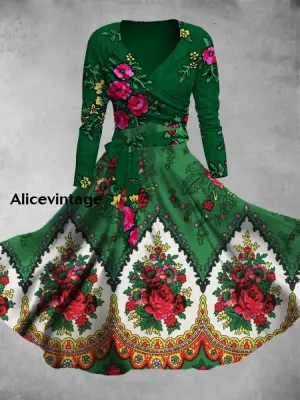 Vintage Floral Print V-Neck Elegant Chic Midi Two-Piece Long Sleeve Dress