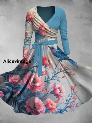 Vintage Floral Print V-Neck Elegant Chic Midi Two-Piece Long Sleeve Dress