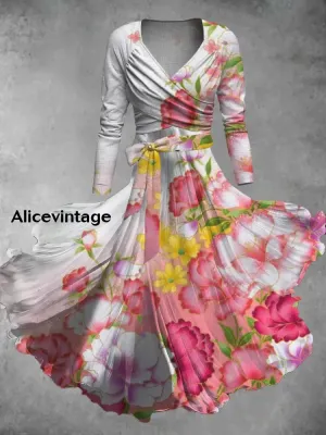 Vintage Floral Print V-Neck Elegant Chic Midi Two-Piece Long Sleeve Dress