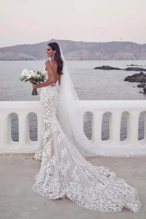 Vintage Lace Mermaid Beaded Deep V Neck Wedding Dress, Bridal Gown, MW558