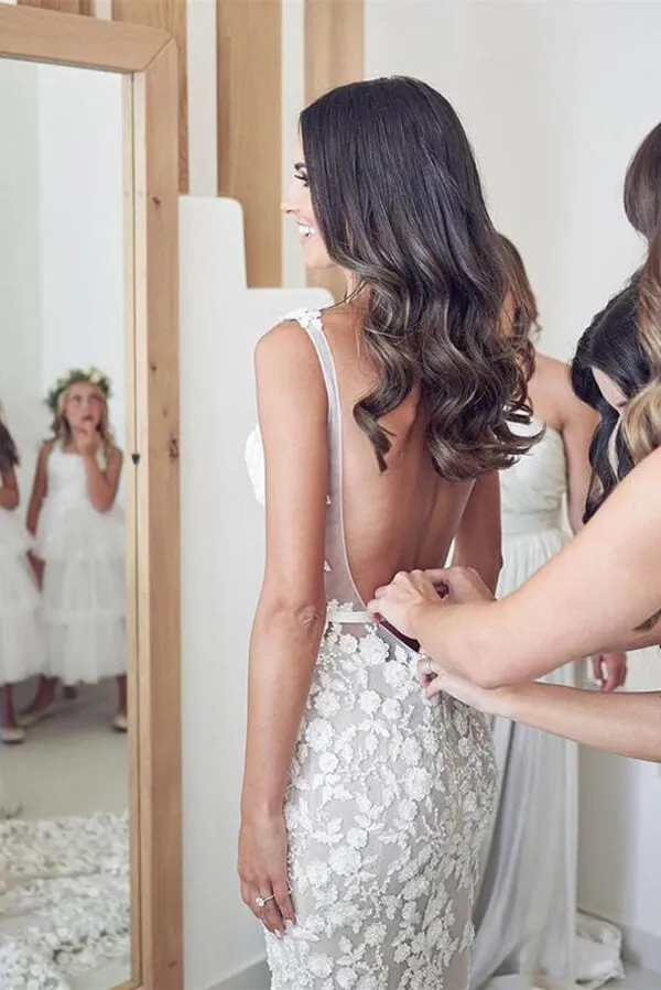 Vintage Lace Mermaid Beaded Deep V Neck Wedding Dress, Bridal Gown, MW558