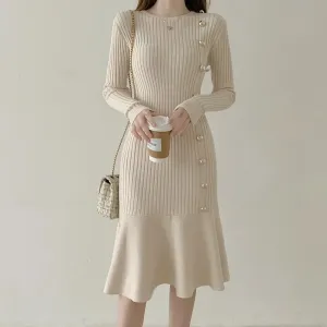 Vintage Midi Sweater Dresses for Women Long Sleeve Elegant with Side Buttons Warm Mermaid Knit Bodycon Dress