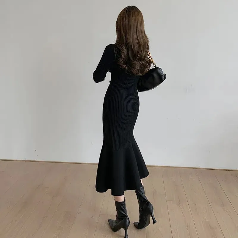 Vintage Midi Sweater Dresses for Women Long Sleeve Elegant with Side Buttons Warm Mermaid Knit Bodycon Dress