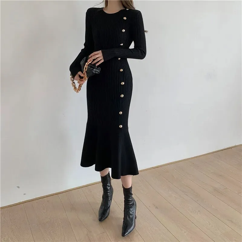 Vintage Midi Sweater Dresses for Women Long Sleeve Elegant with Side Buttons Warm Mermaid Knit Bodycon Dress