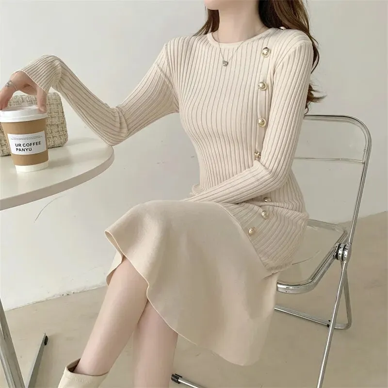 Vintage Midi Sweater Dresses for Women Long Sleeve Elegant with Side Buttons Warm Mermaid Knit Bodycon Dress