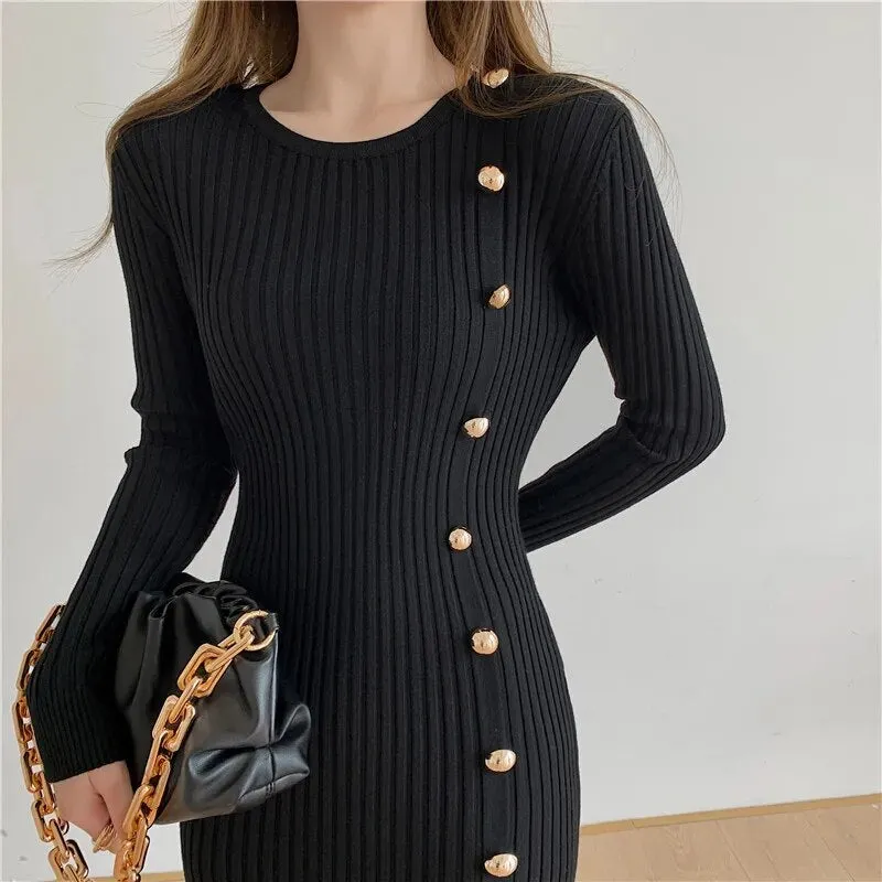 Vintage Midi Sweater Dresses for Women Long Sleeve Elegant with Side Buttons Warm Mermaid Knit Bodycon Dress