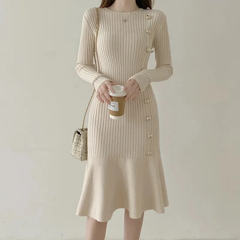 Vintage Midi Sweater Dresses for Women Long Sleeve Elegant with Side Buttons Warm Mermaid Knit Bodycon Dress
