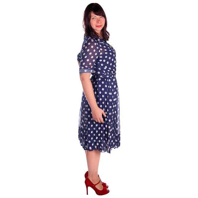 Vintage Navy Day Dress Polka Dot Cotton Nelly Don 1940s 42-32-Free
