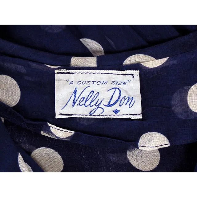 Vintage Navy Day Dress Polka Dot Cotton Nelly Don 1940s 42-32-Free
