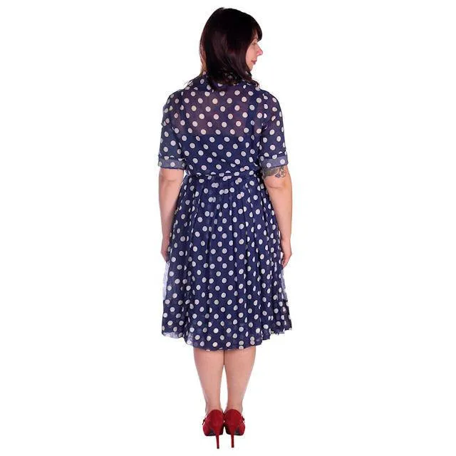 Vintage Navy Day Dress Polka Dot Cotton Nelly Don 1940s 42-32-Free