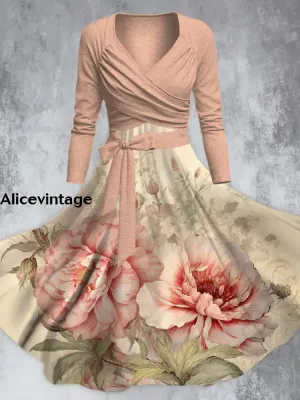 Vintage Pink Flower Print V-Neck Long Sleeve Straps Fashion Midi Dress