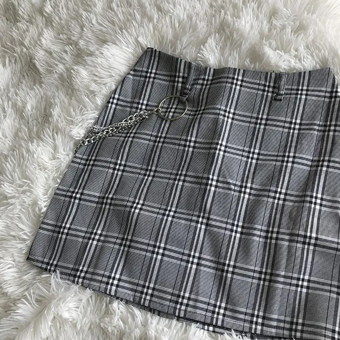 VINTAGE PLAID SKIRT WITH CHAIN KF2230