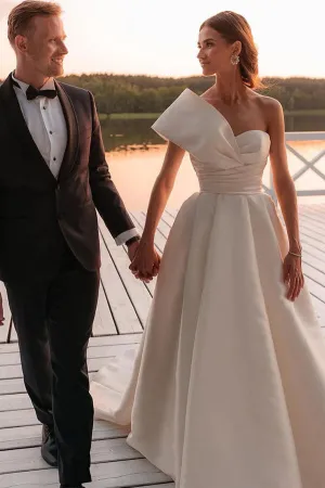 Vintage Satin One Shoulder Ball Gown Wedding Dresses With Train, MW1015