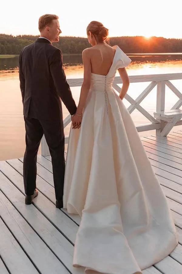 Vintage Satin One Shoulder Ball Gown Wedding Dresses With Train, MW1015