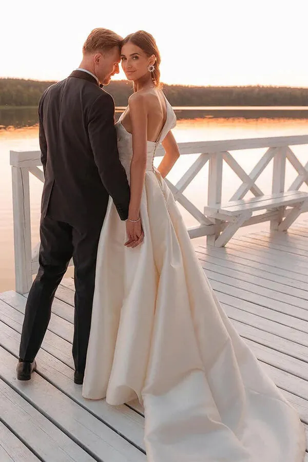 Vintage Satin One Shoulder Ball Gown Wedding Dresses With Train, MW1015