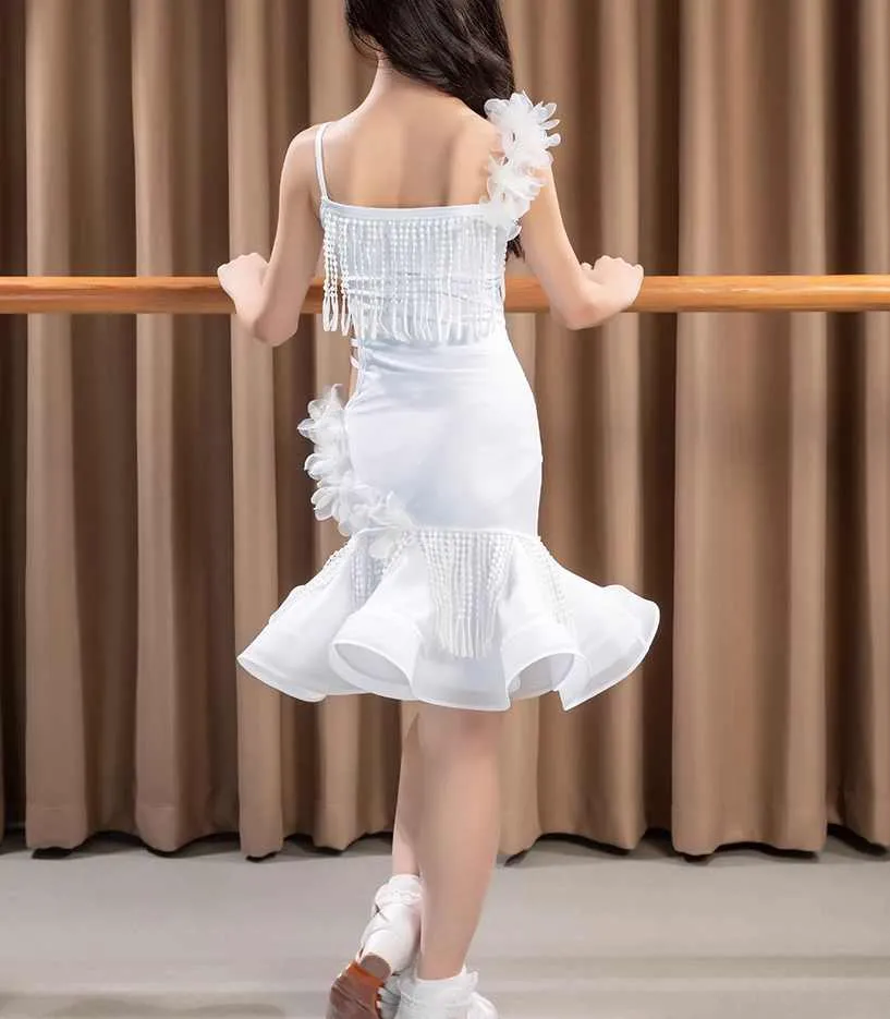White Fringe Latin Dance Dresses for Girls Kids Sling Tassel Salsa Rumba Chacha Performance Skirts