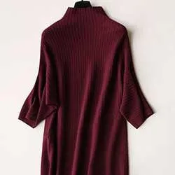 Winter Wool Dress Sweater Women Stand Collar Knit Dresses Korean Style Dresses Three Quarter Sleeves Mid Calf Dresses