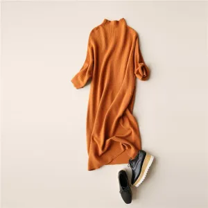 Winter Wool Dress Sweater Women Stand Collar Knit Dresses Korean Style Dresses Three Quarter Sleeves Mid Calf Dresses