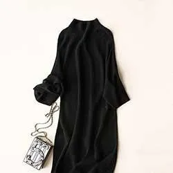 Winter Wool Dress Sweater Women Stand Collar Knit Dresses Korean Style Dresses Three Quarter Sleeves Mid Calf Dresses