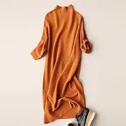 Winter Wool Dress Sweater Women Stand Collar Knit Dresses Korean Style Dresses Three Quarter Sleeves Mid Calf Dresses
