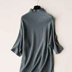 Winter Wool Dress Sweater Women Stand Collar Knit Dresses Korean Style Dresses Three Quarter Sleeves Mid Calf Dresses
