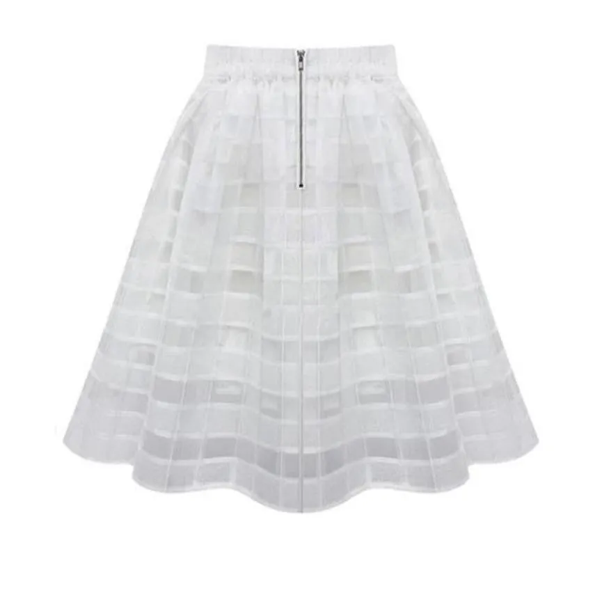 Women Organza Midi Skirts Style Elastic High Waist Zipper Ladies Skirt Female Pleated A Line Tulle Skirts #2415
