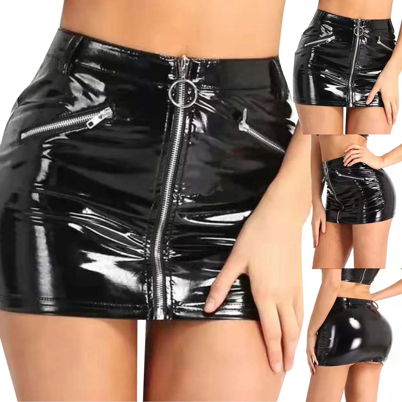 Women Sexy Leather Stretch Mini Hip Wrap Skirt Nightclub Bodycoon Sexy Leather Skirt High Waist Zipper Skirts Party Clubwear