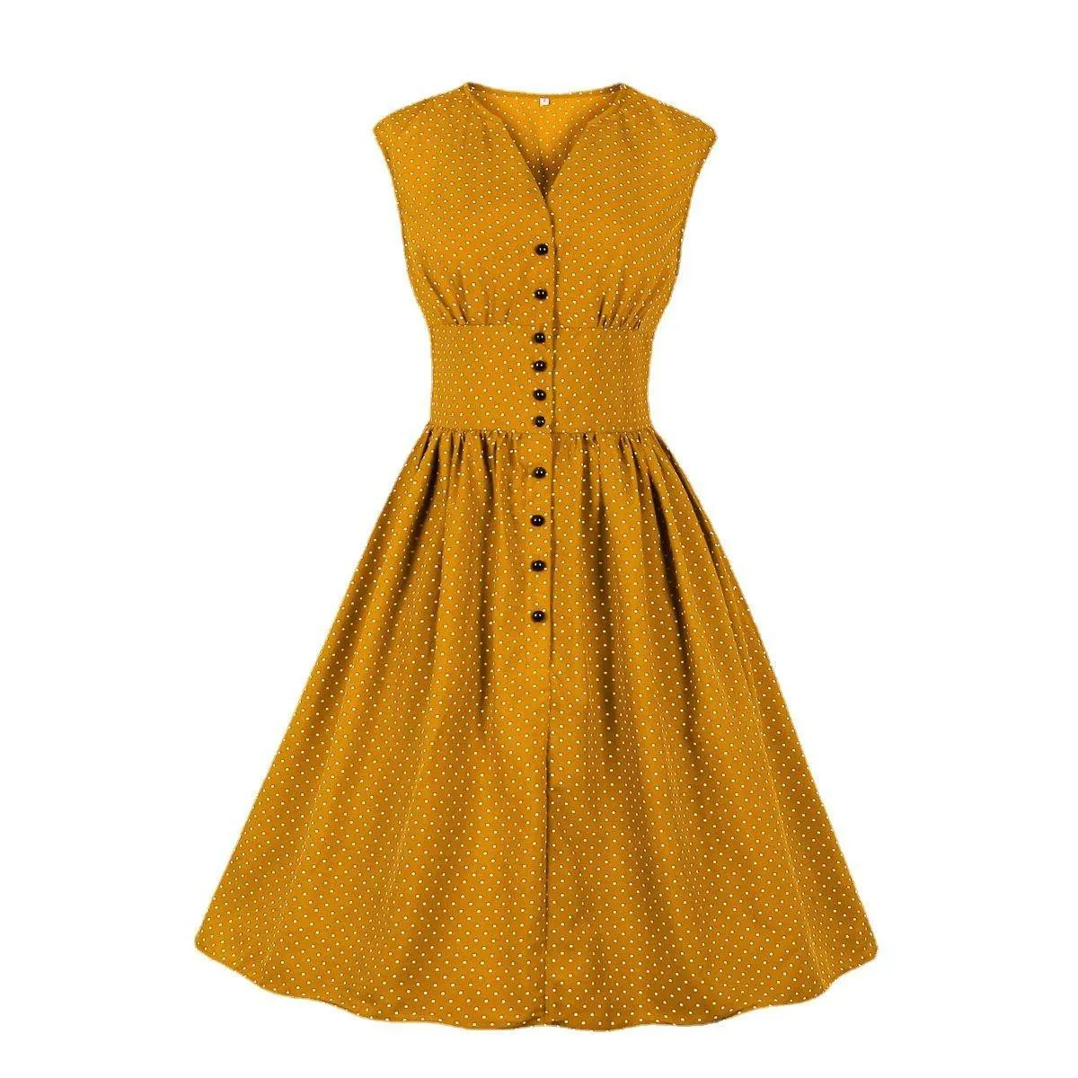 Women Sleeveless V Neck Dot Print Vintage Dresses with Buttons