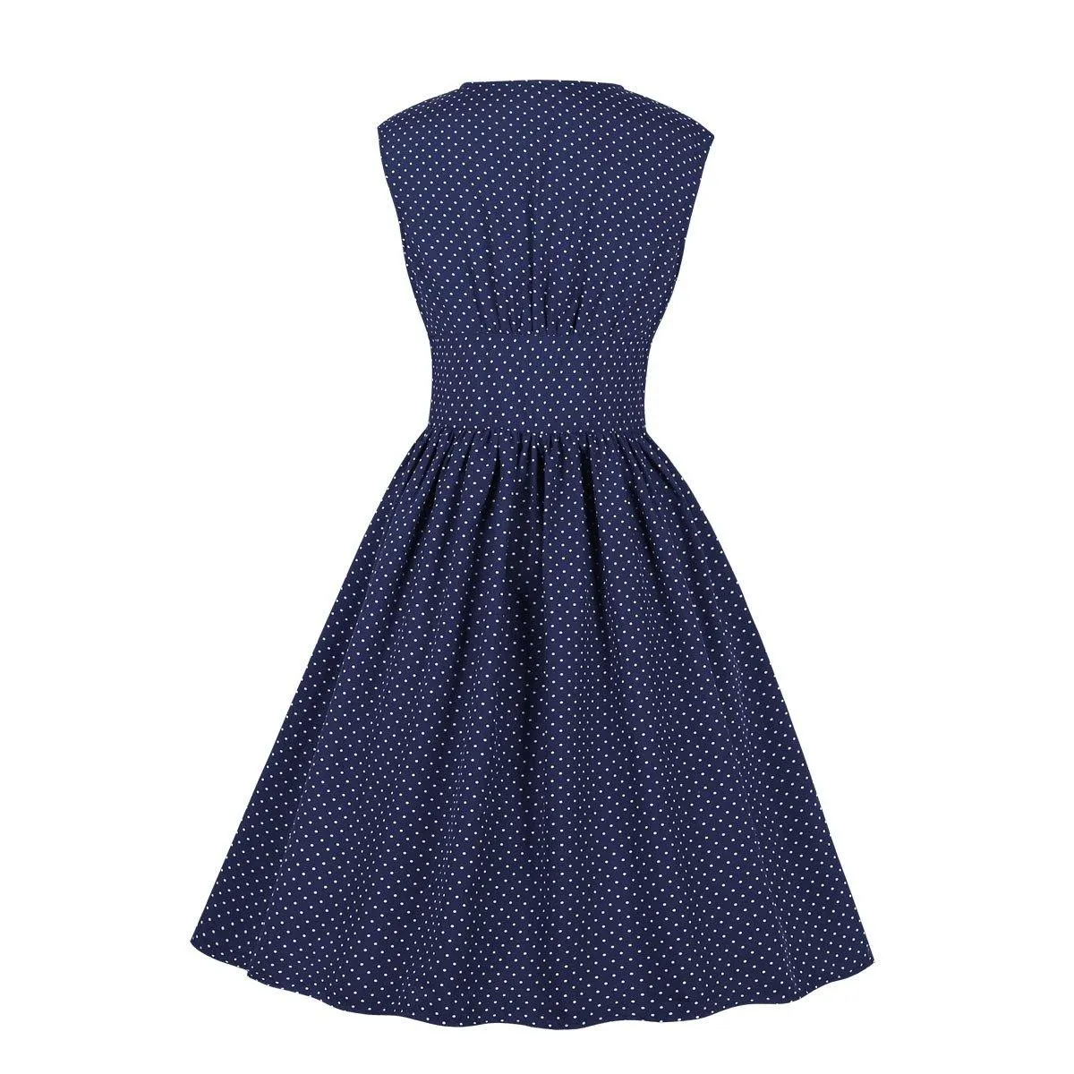 Women Sleeveless V Neck Dot Print Vintage Dresses with Buttons