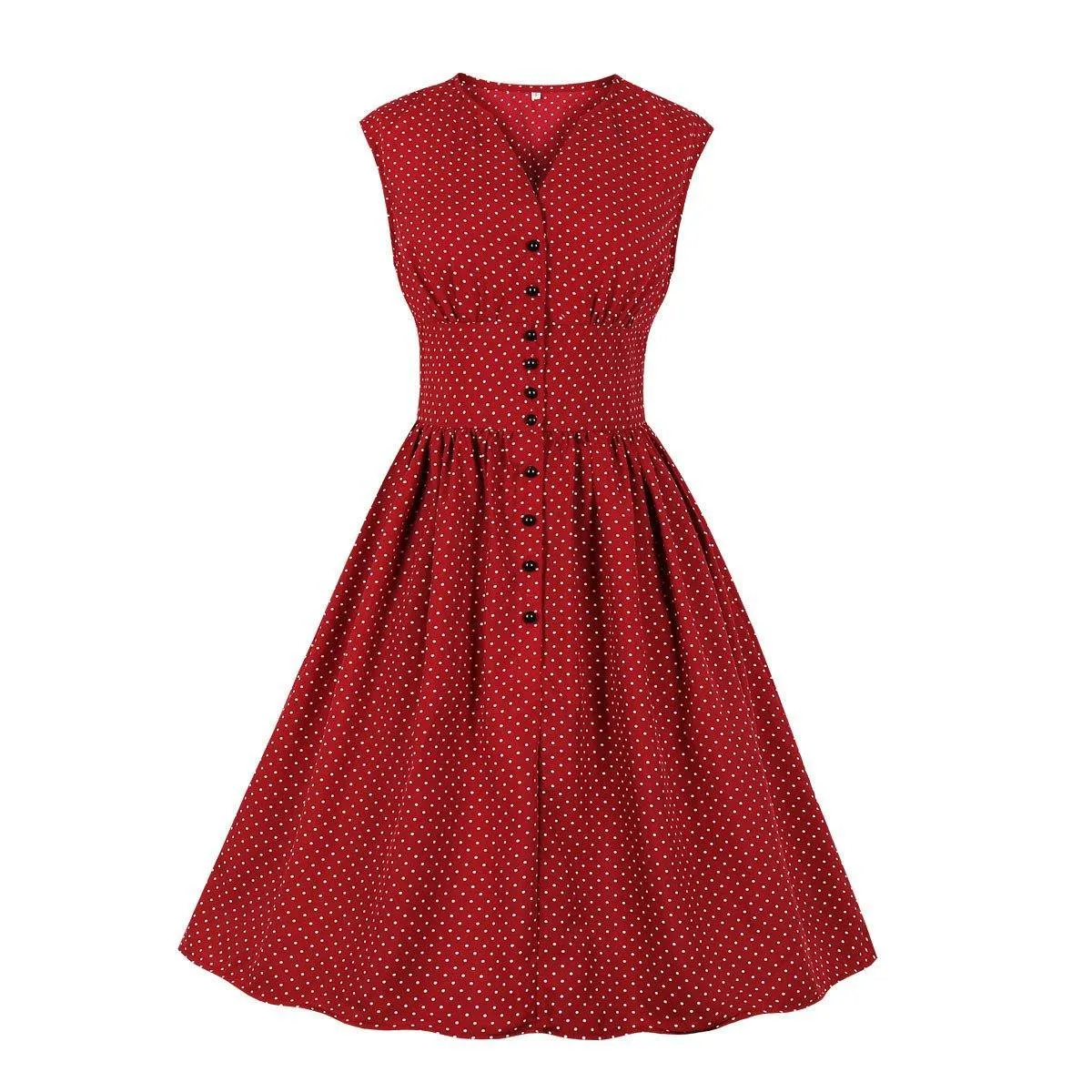 Women Sleeveless V Neck Dot Print Vintage Dresses with Buttons