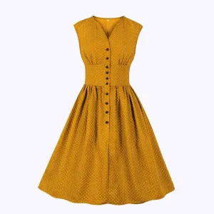 Women Sleeveless V Neck Dot Print Vintage Dresses with Buttons