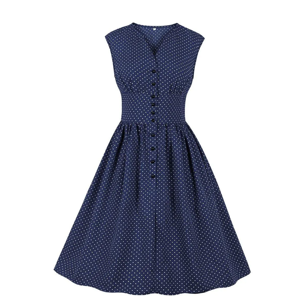 Women Sleeveless V Neck Dot Print Vintage Dresses with Buttons