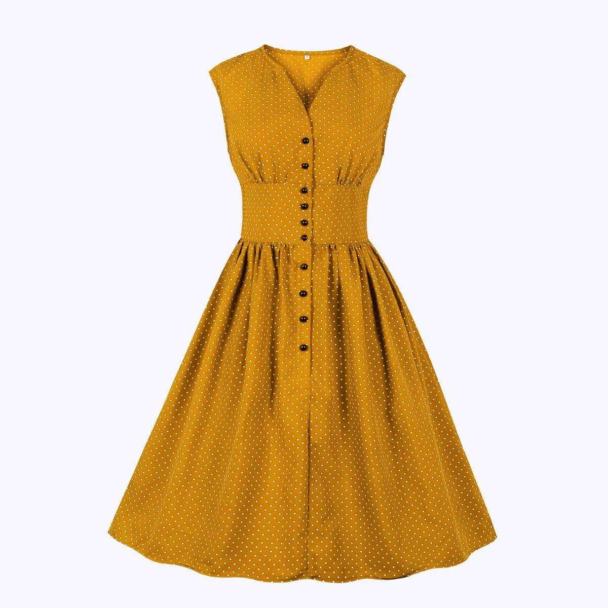 Women Sleeveless V Neck Dot Print Vintage Dresses with Buttons