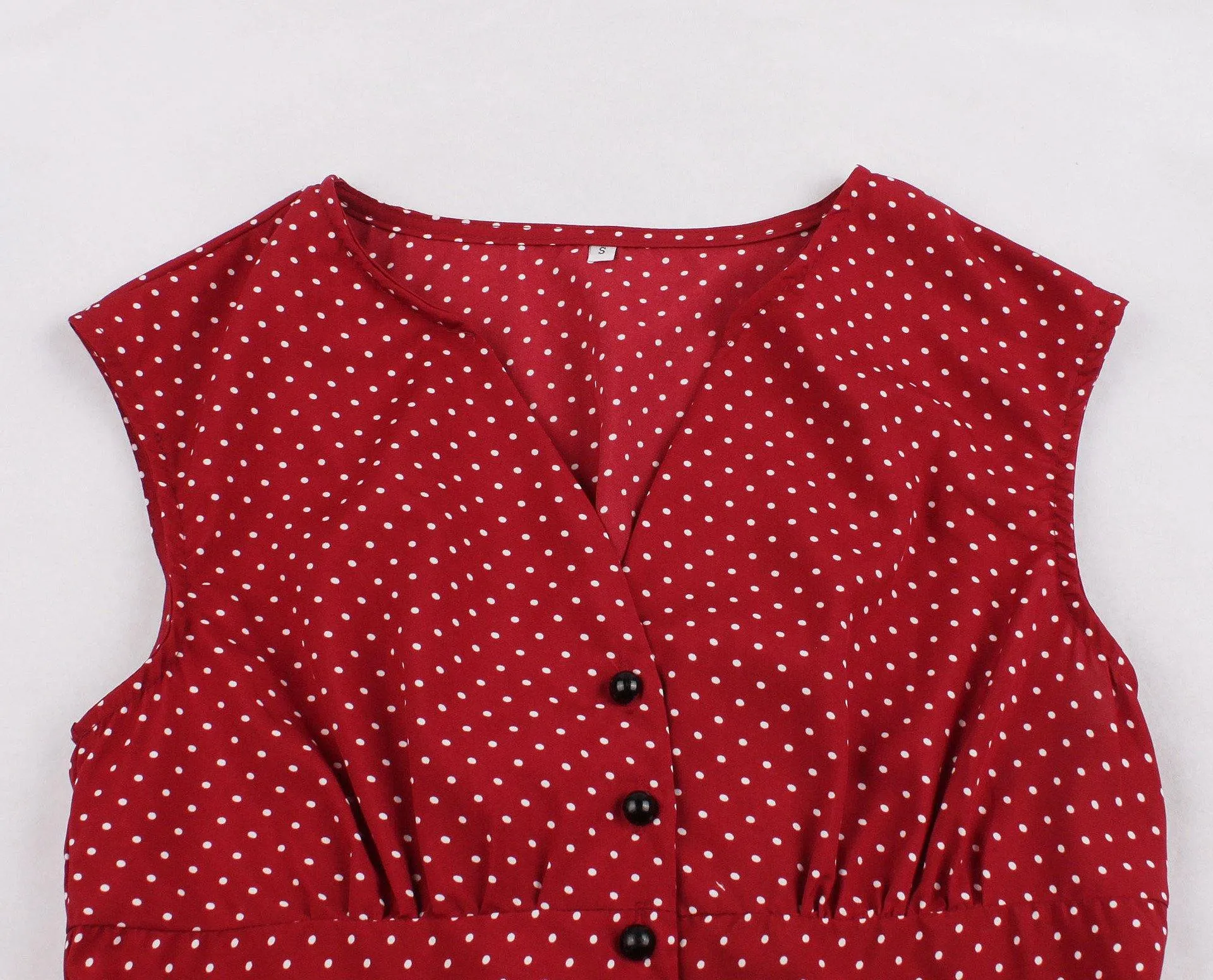 Women Sleeveless V Neck Dot Print Vintage Dresses with Buttons