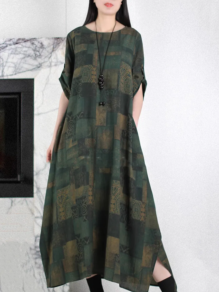 Women Summer Vintage Patchwork O-Neck Cotton Dress