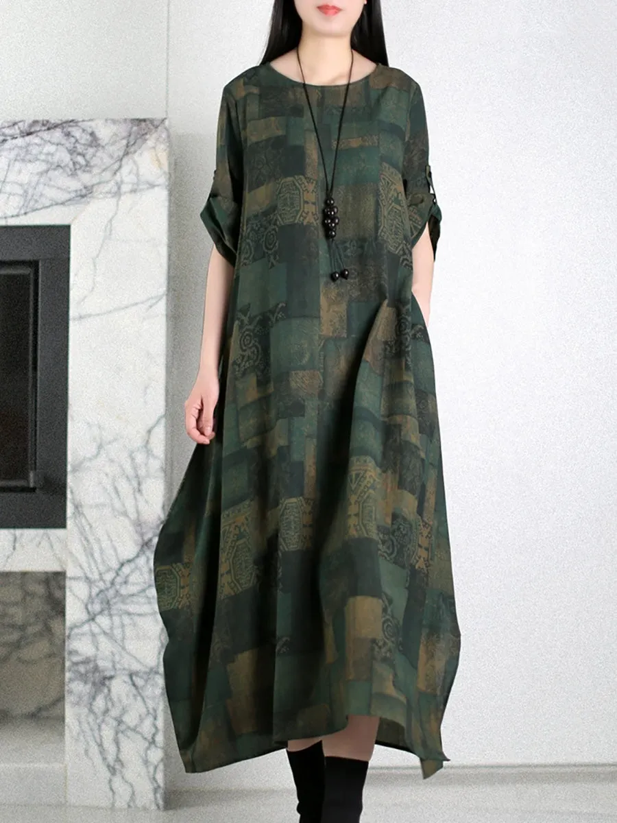 Women Summer Vintage Patchwork O-Neck Cotton Dress