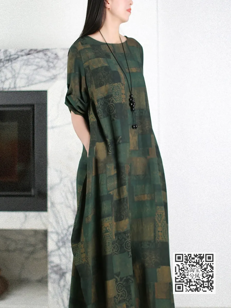 Women Summer Vintage Patchwork O-Neck Cotton Dress