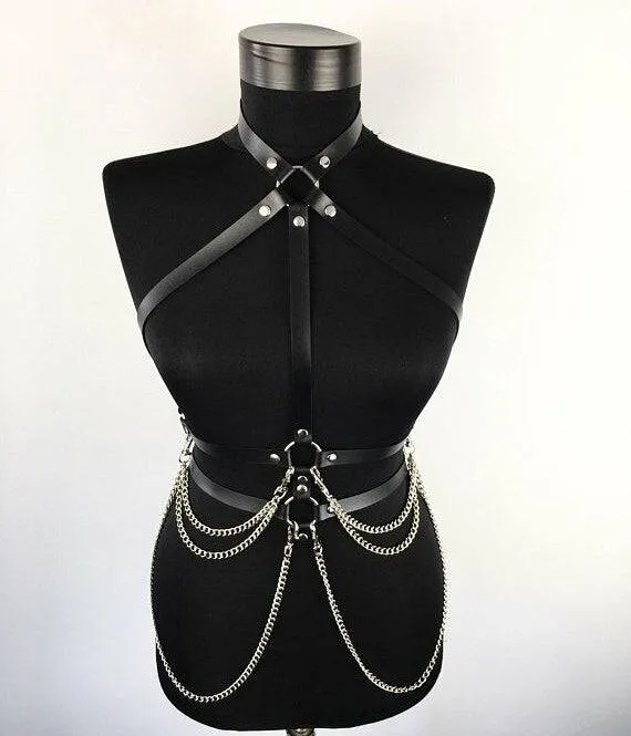 Women's Black Leather Chain Waist Belt, Leather Leg Harness, Leather Leg Accessories, Leather Outfit, Stylish Women Leather Leg Harness