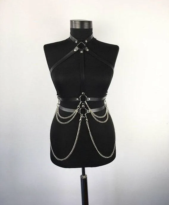 Women's Black Leather Chain Waist Belt, Leather Leg Harness, Leather Leg Accessories, Leather Outfit, Stylish Women Leather Leg Harness