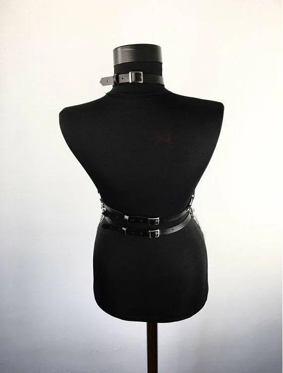 Women's Black Leather Chain Waist Belt, Leather Leg Harness, Leather Leg Accessories, Leather Outfit, Stylish Women Leather Leg Harness