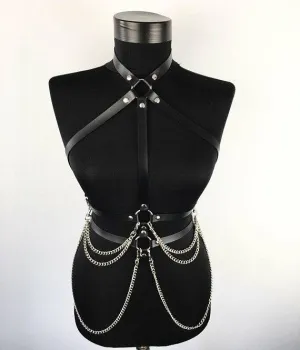 Women's Black Leather Chain Waist Belt, Leather Leg Harness, Leather Leg Accessories, Leather Outfit, Stylish Women Leather Leg Harness