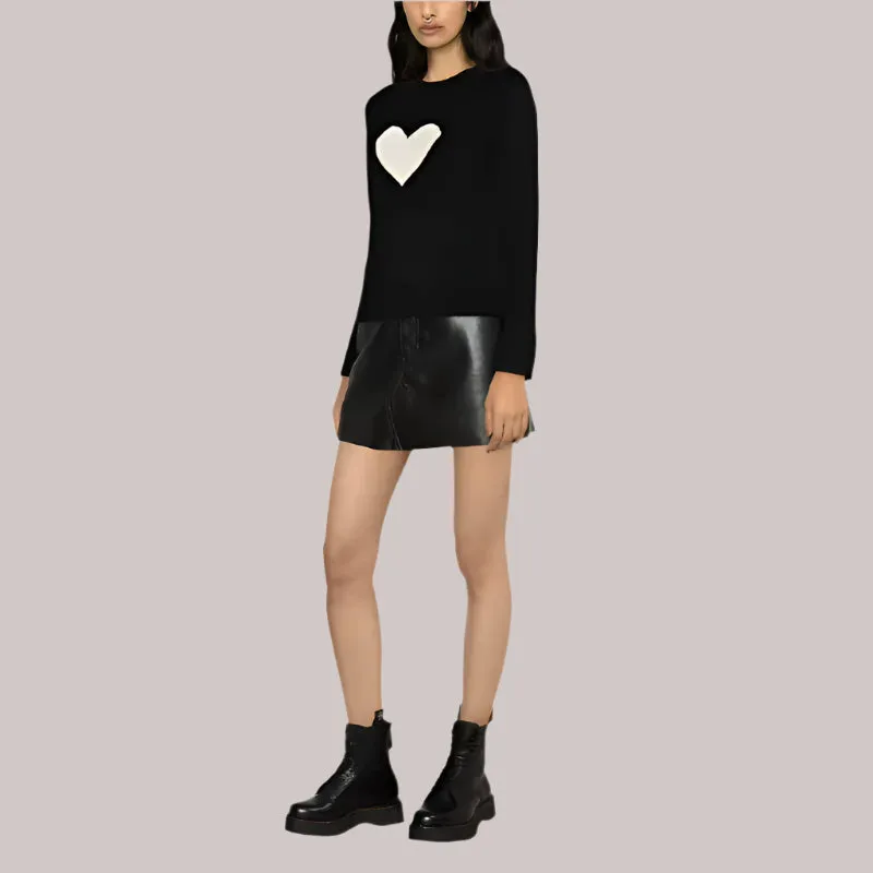 Women's Black Slim Fit Cashmere Sweater - Long Sleeve Love Pattern Knitwear Pullover, Casual Fashion