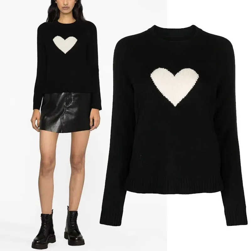 Women's Black Slim Fit Cashmere Sweater - Long Sleeve Love Pattern Knitwear Pullover, Casual Fashion
