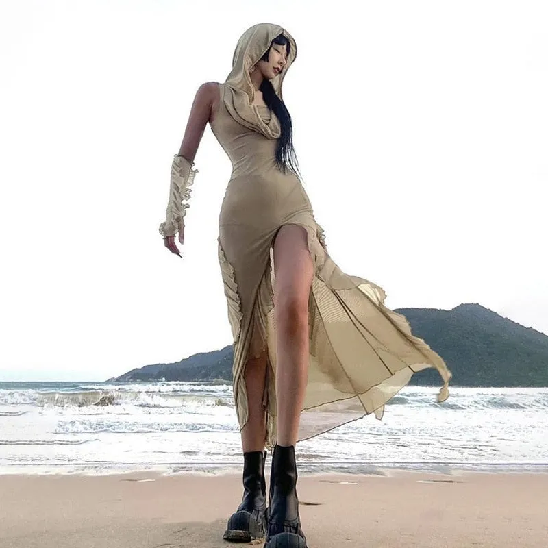 Women's Ruffle Sleeveless Midi Hooded Y2K Beach Dress