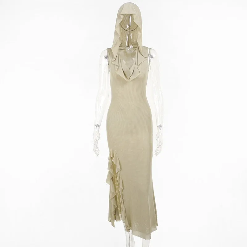 Women's Ruffle Sleeveless Midi Hooded Y2K Beach Dress