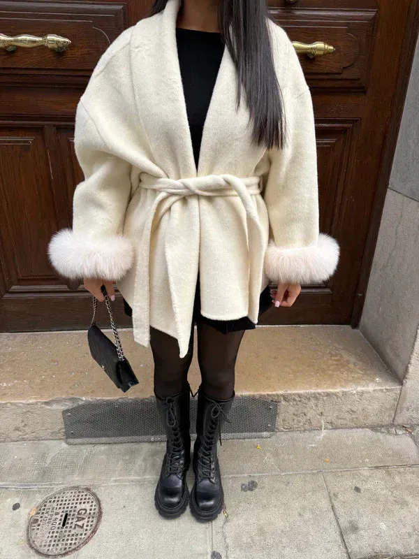 Wool Wrap Coat | Faux Fur Cuffs | Elegant & Warm