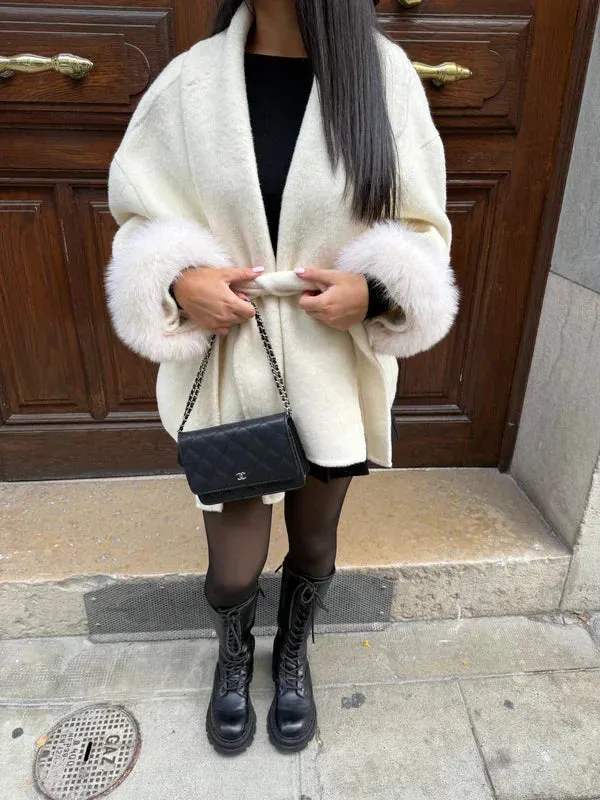 Wool Wrap Coat | Faux Fur Cuffs | Elegant & Warm