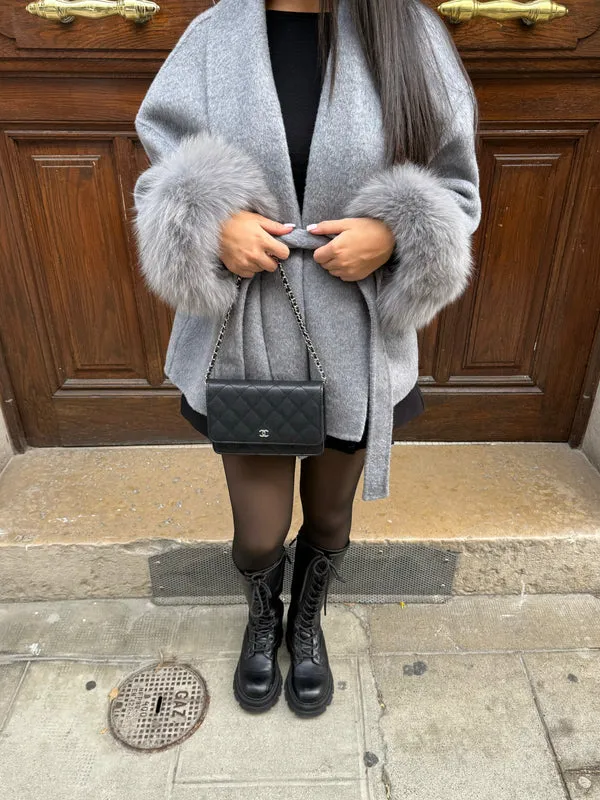 Wool Wrap Coat | Faux Fur Cuffs | Elegant & Warm