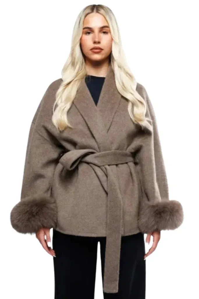 Wool Wrap Coat | Faux Fur Cuffs | Elegant & Warm