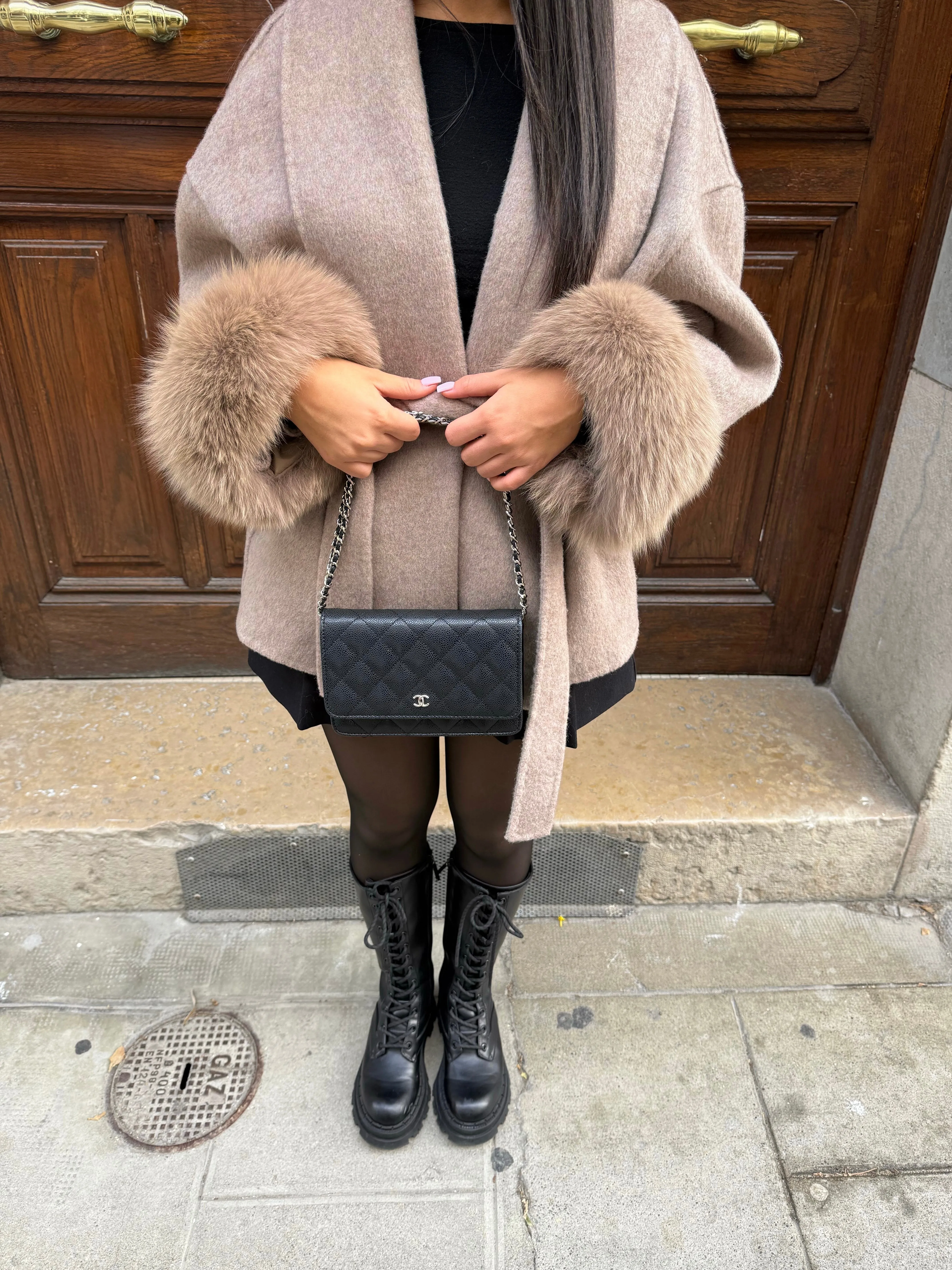 Wool Wrap Coat | Faux Fur Cuffs | Elegant & Warm